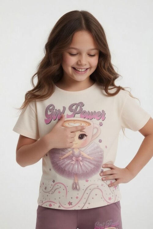 Gül Kurusu Balerin Desenli Tişörtlü Kız Çocuk Şortlu 2li Takım 23880