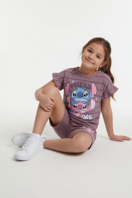 Gül Kurusu Çizgili Karakter Baskılı Fırfırlı Kız Çocuk Şortlu 2li Takım  23957