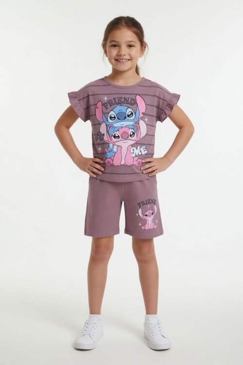 Gül Kurusu Çizgili Karakter Baskılı Fırfırlı Kız Çocuk Şortlu 2li Takım  23957