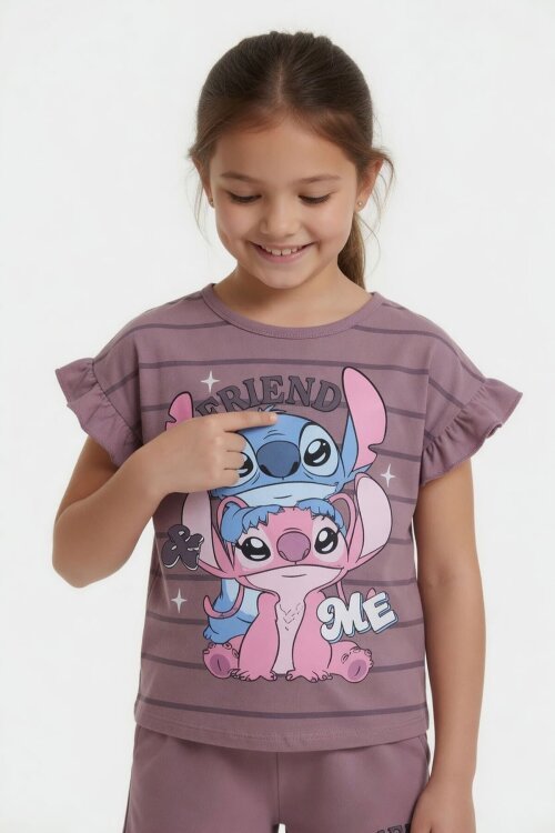 Gül Kurusu Çizgili Karakter Baskılı Fırfırlı Kız Çocuk Şortlu 2li Takım  23957