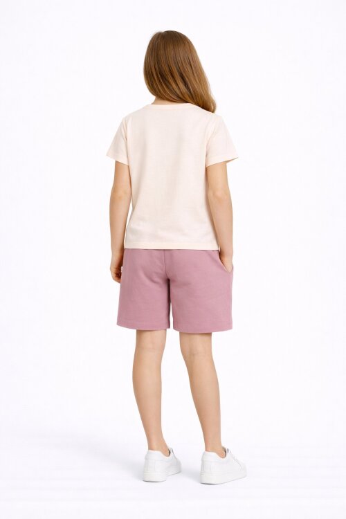 Gül Kurusu Fiyonk Desenli Bisiklet Yaka Tişörtlü Kız Çocuk Şortlu Takım 23884