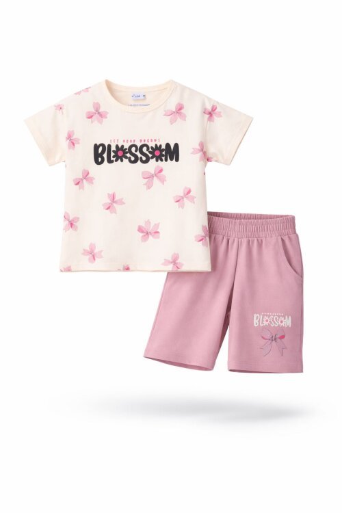 Gül Kurusu Fiyonk Desenli Bisiklet Yaka Tişörtlü Kız Çocuk Şortlu Takım 23884