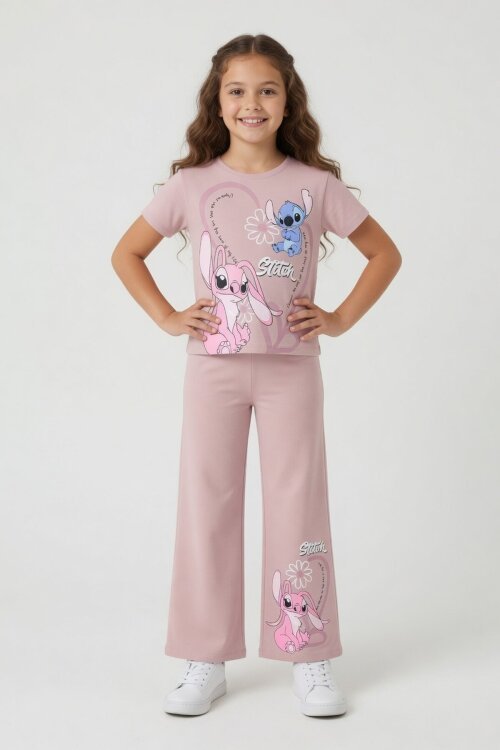 Gül Kurusu Kalpli Karakter Baskılı Geniş Paça Pantolonlu Kız Çocuk 2li Takım 23809