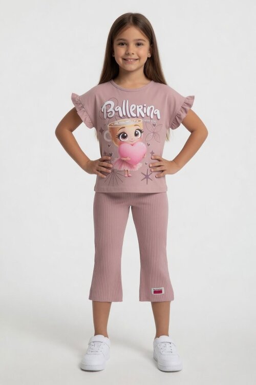 Gül Kurusu Karakter Baskılı Tişörtlü Fitilli Pantolonlu Kız Çocuk 2li Takım 23831