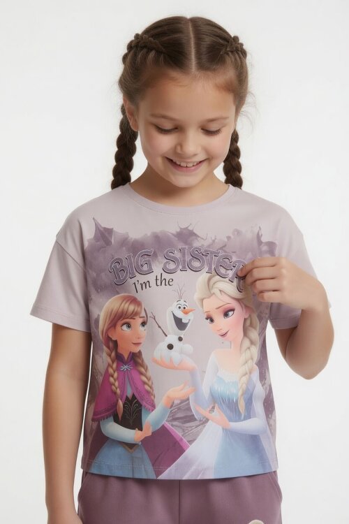 Gül Kurusu Karlar Kraliçesi Baskılı Kız Çocuk Tişörtlü Şortlu Takım  23952