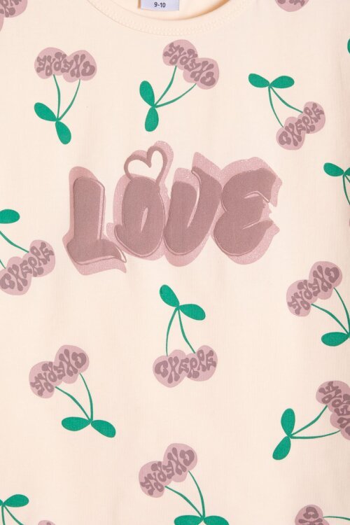 Gül Kurusu Kiraz Desenli Love Yazılı Tişörtlü Kız Çocuk Şortlu Takım 23899