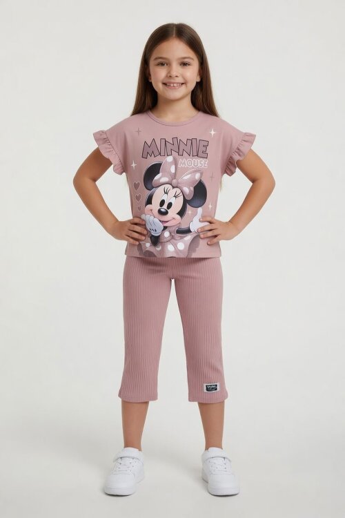 Gül Kurusu Minnie Desenli Tişörtlü Fitilli Pantolonlu Kız Çocuk Alt Üst Takım 23835