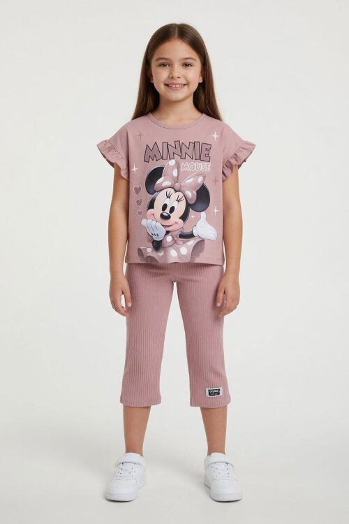 Gül Kurusu Minnie Desenli Tişörtlü Fitilli Pantolonlu Kız Çocuk Alt Üst Takım 23835