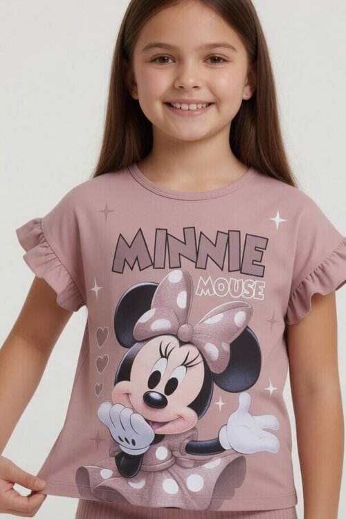 Gül Kurusu Minnie Desenli Tişörtlü Fitilli Pantolonlu Kız Çocuk Alt Üst Takım 23835