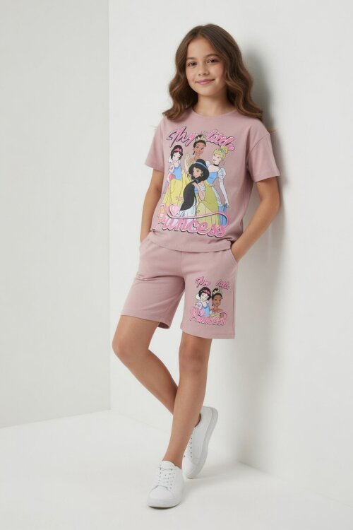 Gül Kurusu Prenses Temalı Tişörtlü Kız Çocuk Yazlık Şortlu Takım 23866