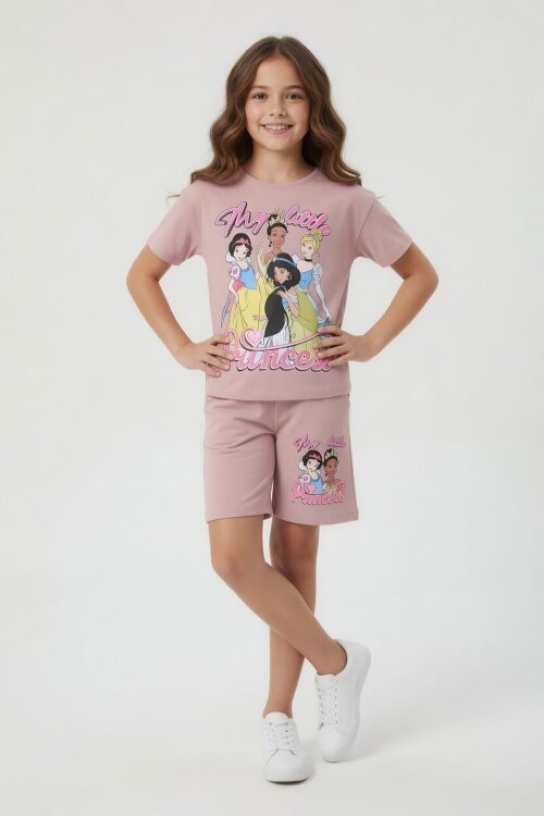 Gül Kurusu Prenses Temalı Tişörtlü Kız Çocuk Yazlık Şortlu Takım 23866