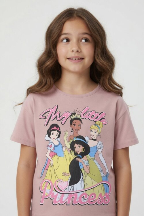 Gül Kurusu Prenses Temalı Tişörtlü Kız Çocuk Yazlık Şortlu Takım 23866