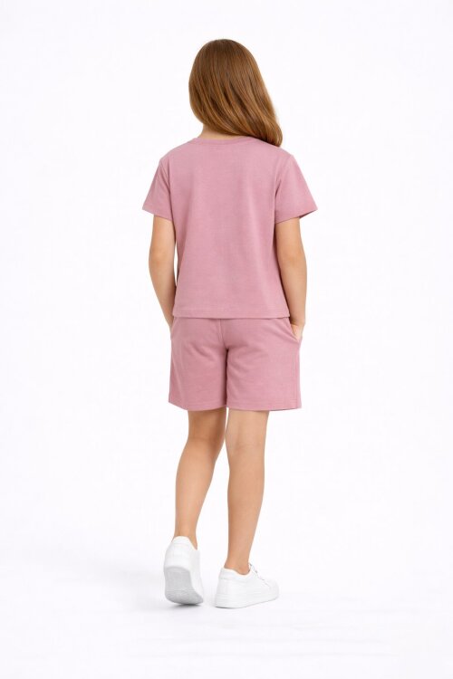 Gül Kurusu Sevimli Capuccina Baskılı Kız Çocuk Şortlu 2li Takım 23891