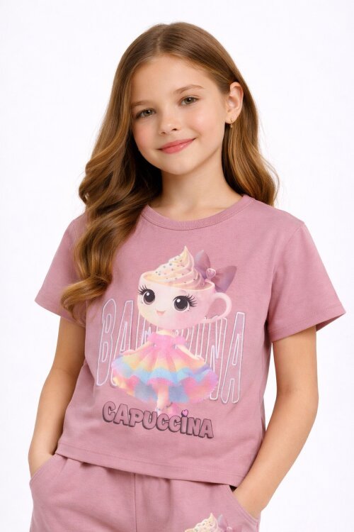 Gül Kurusu Sevimli Capuccina Baskılı Kız Çocuk Şortlu 2li Takım 23891