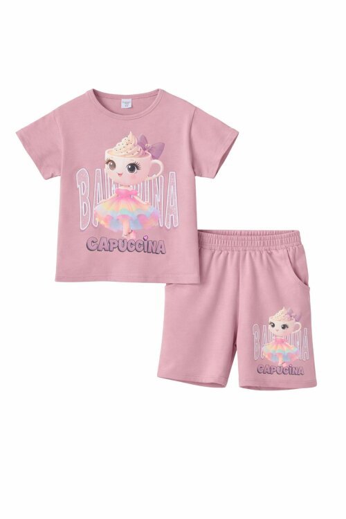 Gül Kurusu Sevimli Capuccina Baskılı Kız Çocuk Şortlu 2li Takım 23891
