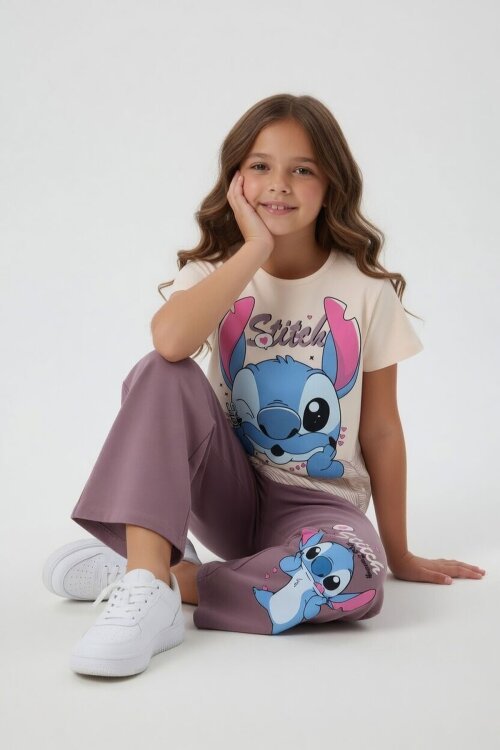 Gül Kurusu Sevimli Çizgi Karakter Baskılı Tişörtlü Kız Çocuk Geniş Paça  Takım 23859