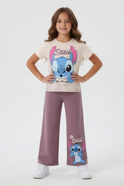 Gül Kurusu Sevimli Çizgi Karakter Baskılı Tişörtlü Kız Çocuk Geniş Paça  Takım 23859