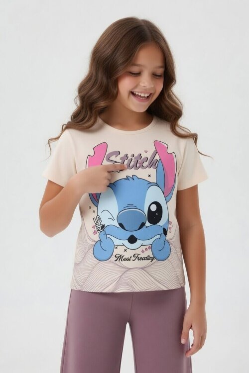 Gül Kurusu Sevimli Çizgi Karakter Baskılı Tişörtlü Kız Çocuk Geniş Paça  Takım 23859