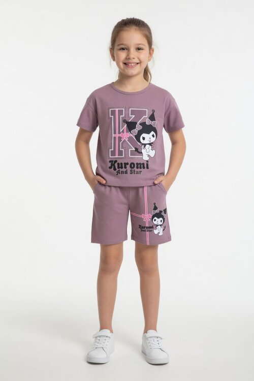 Gül Kurusu Sevimli Tavşan Baskı Bisiklet Yaka Kız Çocuk Şortlu Takım 23947