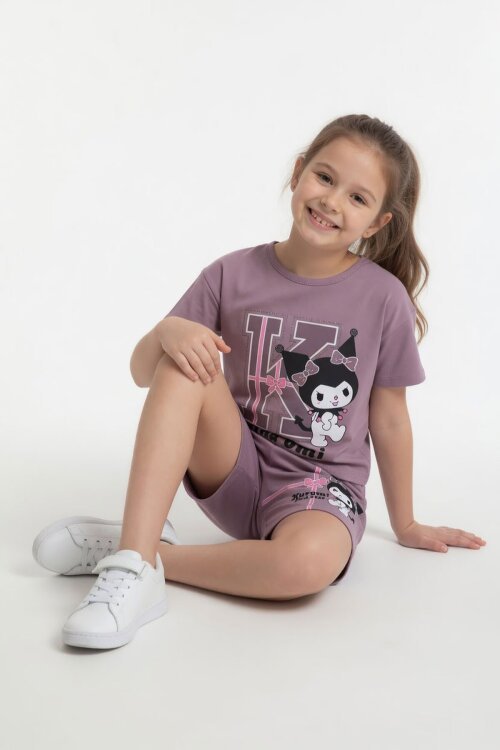 Gül Kurusu Sevimli Tavşan Baskı Bisiklet Yaka Kız Çocuk Şortlu Takım 23947