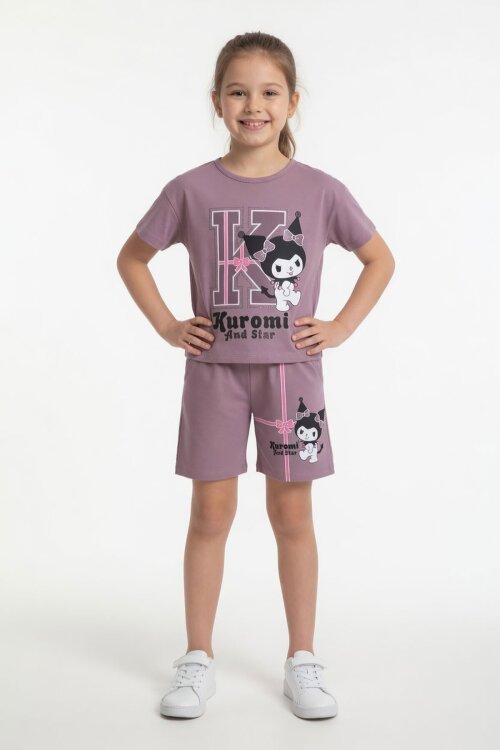 Gül Kurusu Sevimli Tavşan Baskı Bisiklet Yaka Kız Çocuk Şortlu Takım 23947