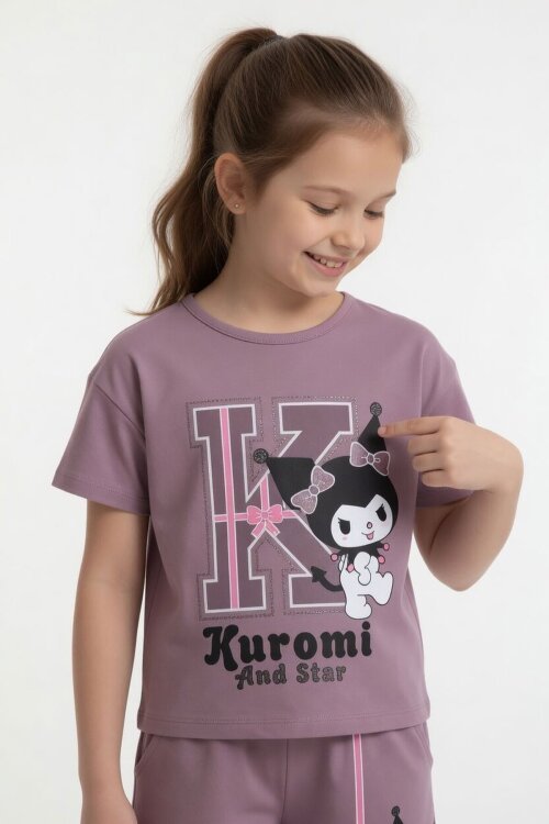 Gül Kurusu Sevimli Tavşan Baskı Bisiklet Yaka Kız Çocuk Şortlu Takım 23947