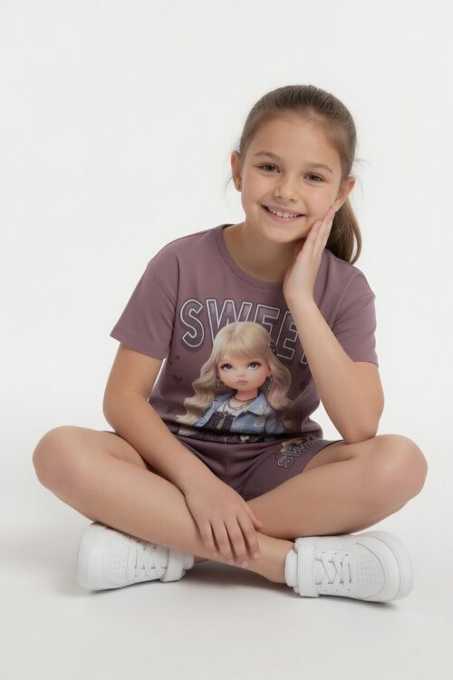 Gül Kurusu Sweet Yazılı Karakter Baskılı Kız Çocuk Şortlu 2li Takım 23995