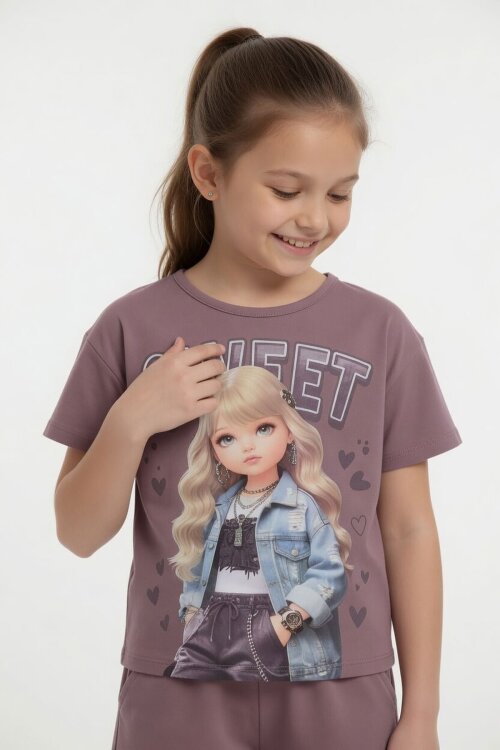 Gül Kurusu Sweet Yazılı Karakter Baskılı Kız Çocuk Şortlu 2li Takım 23995