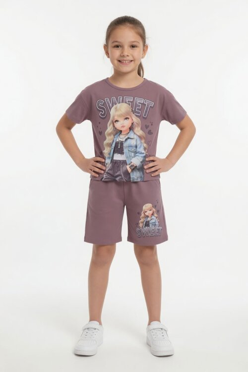 Gül Kurusu Sweet Yazılı Karakter Baskılı Kız Çocuk Şortlu 2li Takım 23995