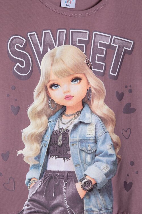 Gül Kurusu Sweet Yazılı Karakter Baskılı Kız Çocuk Şortlu 2li Takım 23995