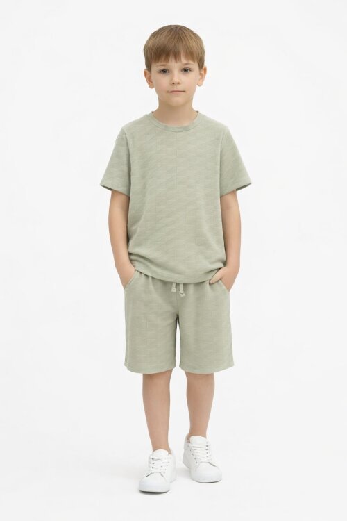 Haki Kare Desenli Bisiklet Yaka Tişörtlü Erkek Çocuk Şortlu Takım 20783