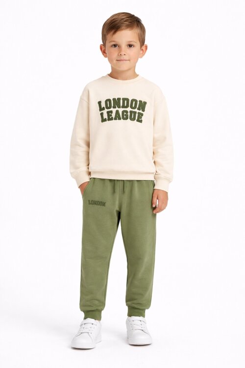 Haki Yazı Nakışlı Erkek Çocuk Bisiklet Yaka Eşofman Takımı 23396