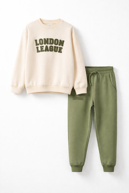 Haki Yazı Nakışlı Erkek Çocuk Bisiklet Yaka Eşofman Takımı 23396