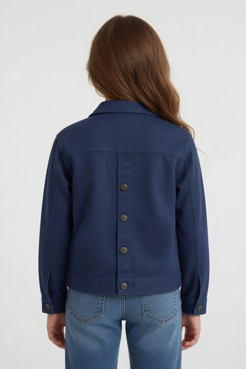 İndigo Sırtı Düğme Detaylı Kız Çocuk Gabardin Kumaş Ceket 23576