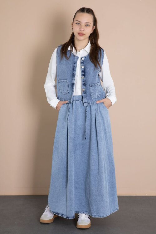 Mavi Jean Etekli Sıfır Kol Yelekli Kız Çocuk Gömlekli 3lü Takım 23916