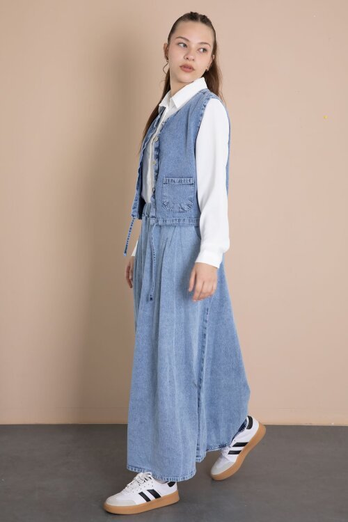 Mavi Jean Etekli Sıfır Kol Yelekli Kız Çocuk Gömlekli 3lü Takım 23916