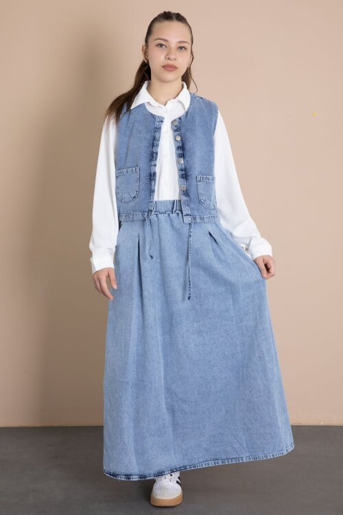 Mavi Jean Etekli Sıfır Kol Yelekli Kız Çocuk Gömlekli 3lü Takım 23916