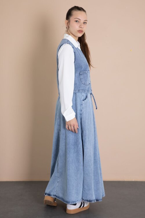 Mavi Jean Etekli Sıfır Kol Yelekli Kız Çocuk Gömlekli 3lü Takım 23916