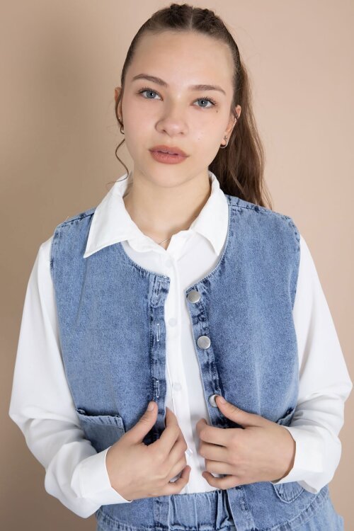 Mavi Jean Etekli Sıfır Kol Yelekli Kız Çocuk Gömlekli 3lü Takım 23916