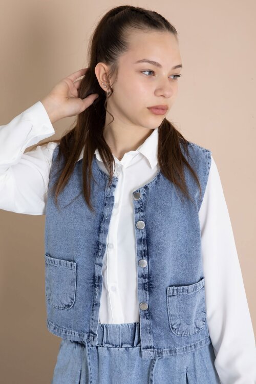 Mavi Jean Etekli Sıfır Kol Yelekli Kız Çocuk Gömlekli 3lü Takım 23916