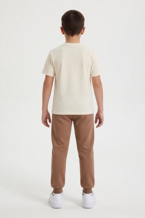 Kahverengi Baskılı Bisiklet Yaka Tişörtlü Beli Lastikli Erkek Çocuk 2li Takım 23887