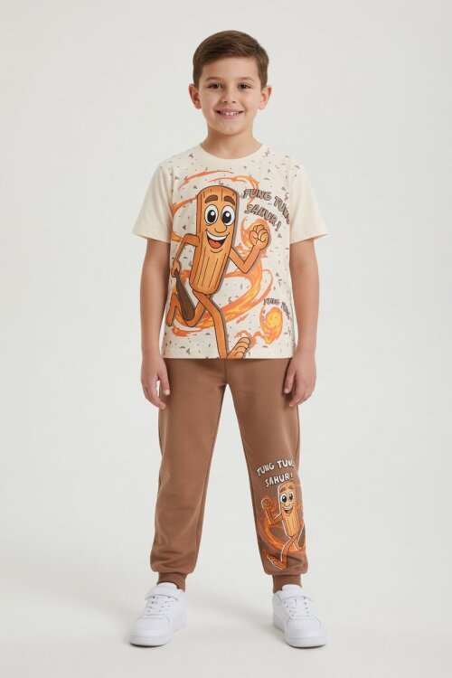 Kahverengi Baskılı Bisiklet Yaka Tişörtlü Beli Lastikli Erkek Çocuk 2li Takım 23887