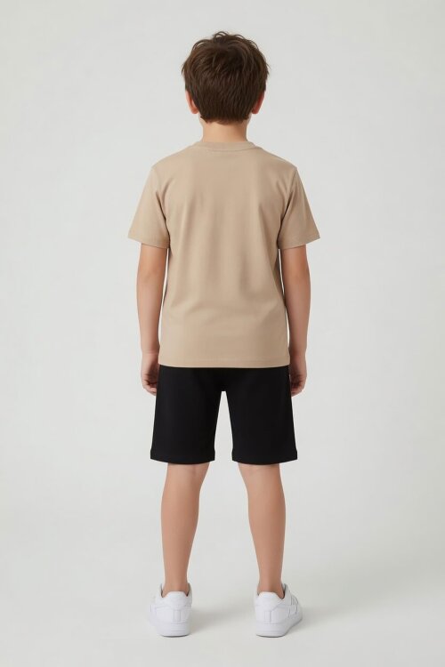 Kahverengi Dinozor Desenli Bisiklet Yaka Erkek Çocuk 2li Şortlu Takım 23926