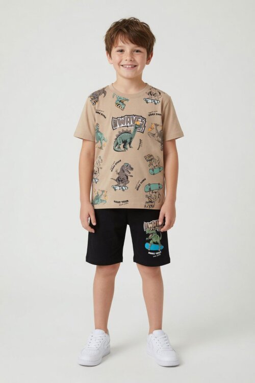 Kahverengi Dinozor Desenli Bisiklet Yaka Erkek Çocuk 2li Şortlu Takım 23926
