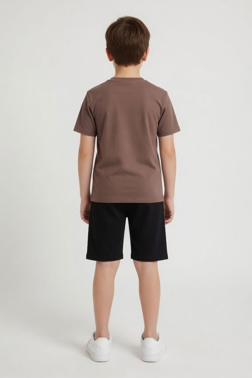 Kahverengi Erkek Çocuk Bisiklet Yaka Tişörtlü Şortlu 2li Baskılı Takım 24000