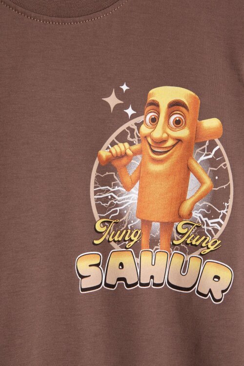 Kahverengi Erkek Çocuk Bisiklet Yaka Tişörtlü Şortlu 2li Baskılı Takım 24000