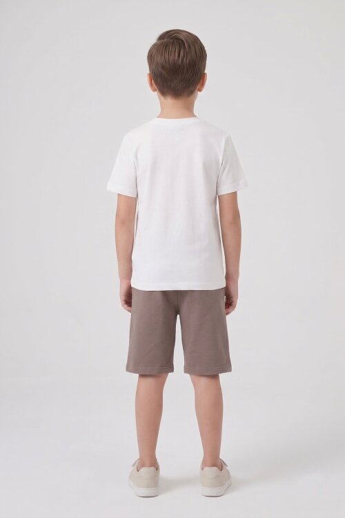 Kahverengi Kabartmalı Yazılı Tişörtlü Desenli Şortlu Erkek Çocuk 2li Takım  23816