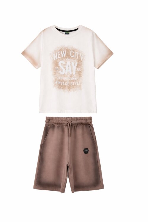 Kahverengi Kabartmalı Yazılı Tişörtlü Desenli Şortlu Erkek Çocuk 2li Takım  23816