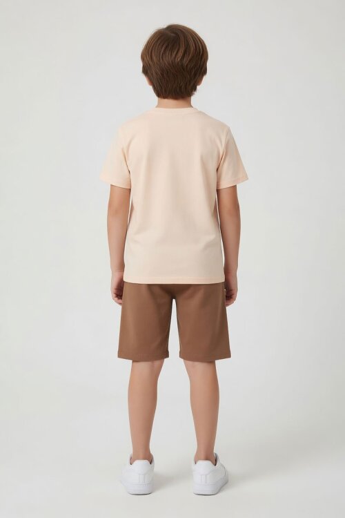 Kahverengi KöpekBalığı Baskılı Bisiklet Yaka Erkek Çocuk Şortlu Takım 23839