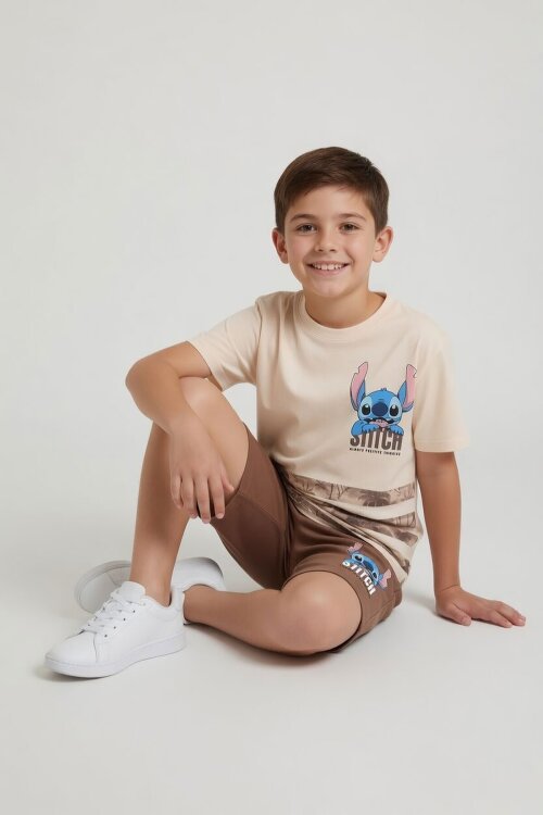 Kahverengi Palmiye Desenli Çizgili Tişörtlü Erkek Çocuk Şortlu 2li Takım 23932